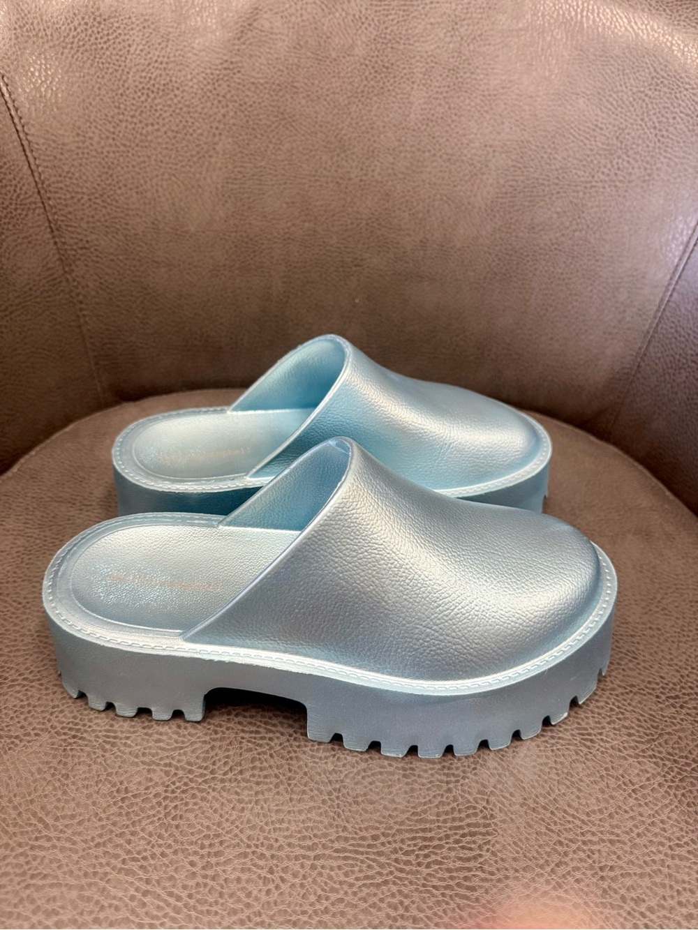 Jeffrey Campbell Metallic Light Blue Platform Clog Mules